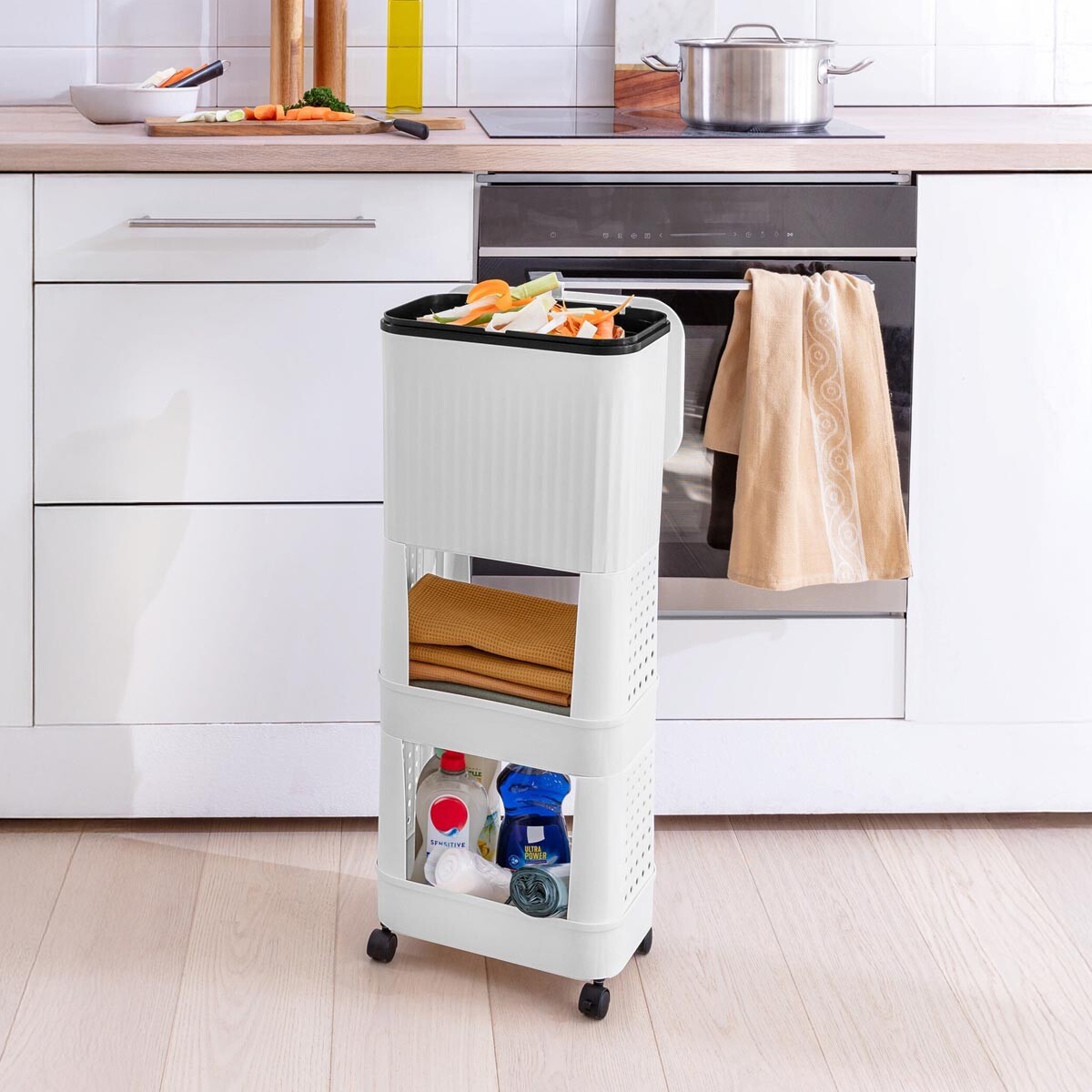 Die moderne Hausfrau Úklidový vozík se 2 policemi a odpadkovým košem