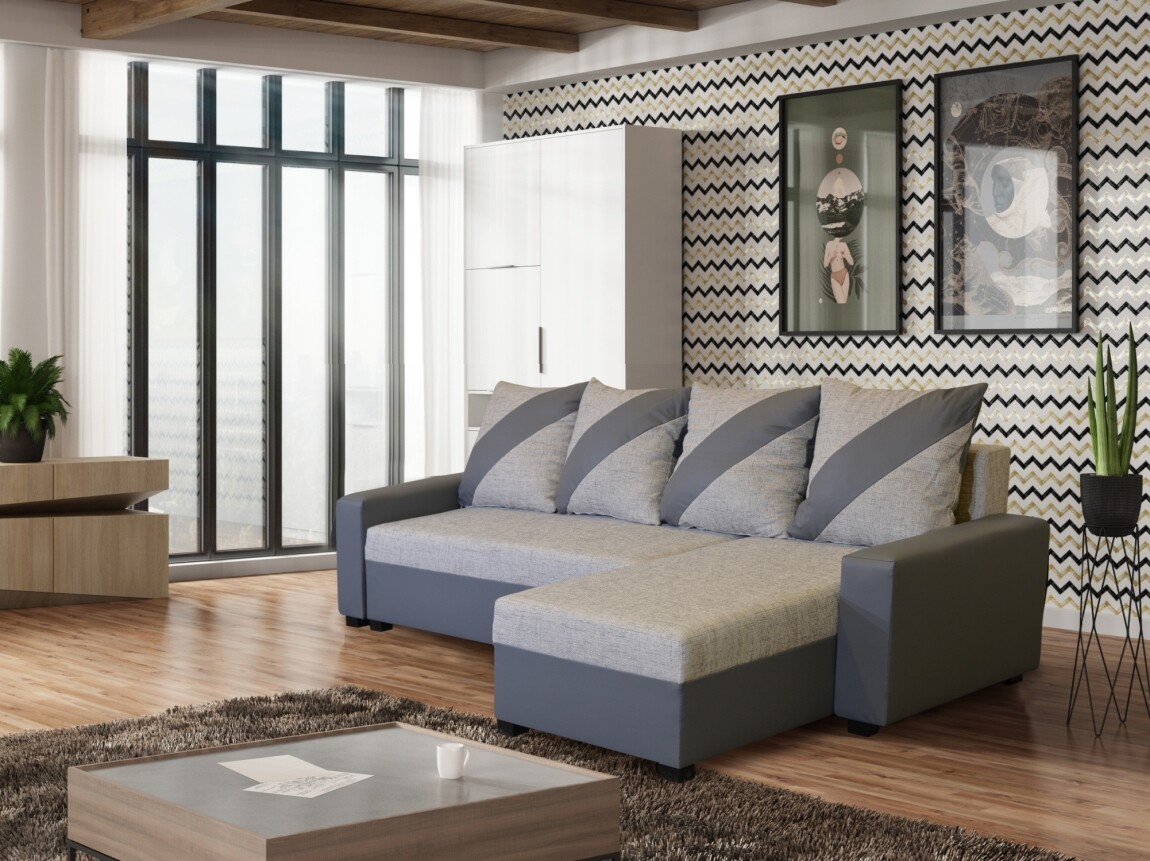 Rohová sedačka ASTANA, pravá, světle šedá látka/tmavě šedá ekokůže - II. jakost, POUZE OSOBNÍ ODBĚR