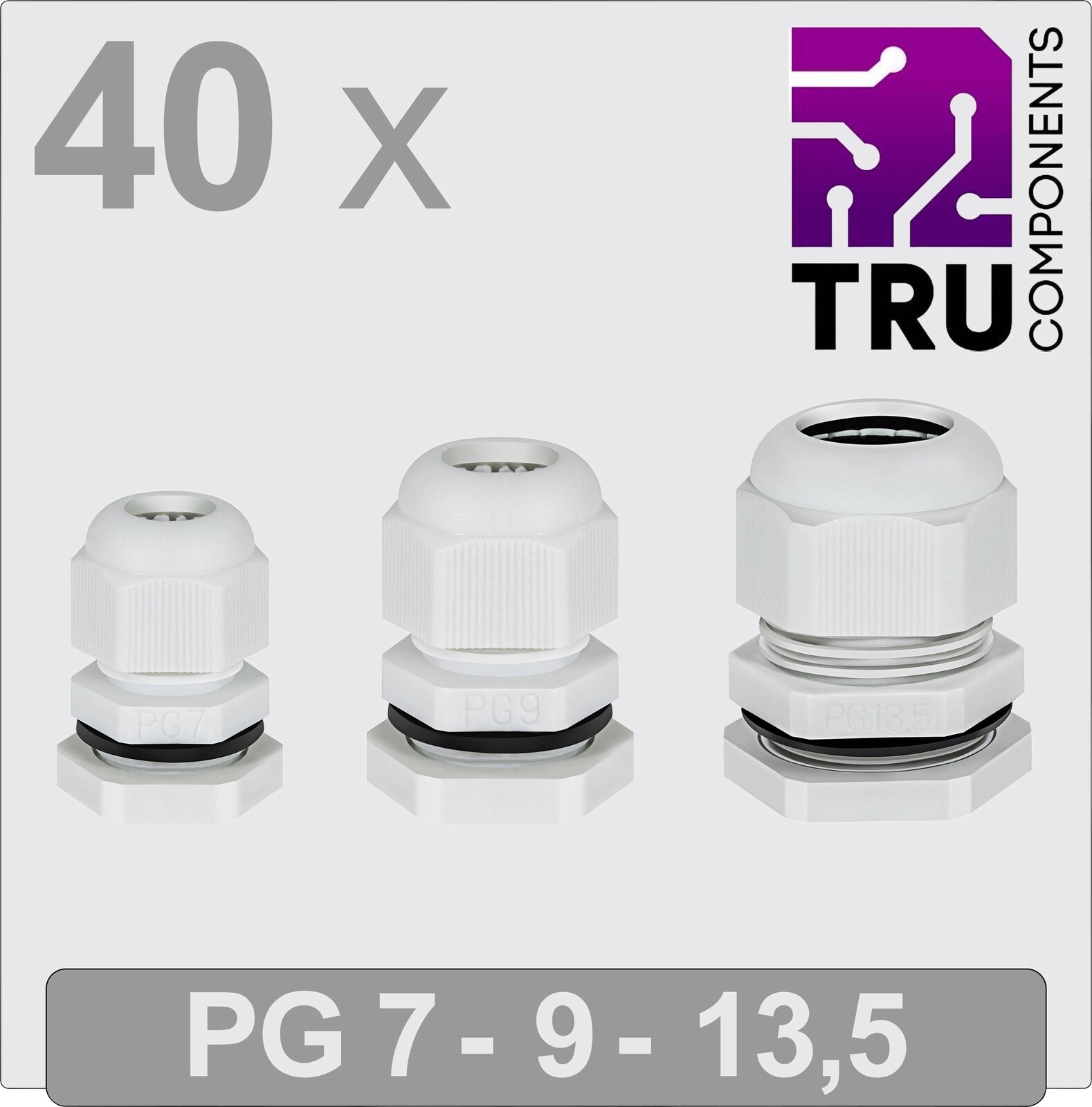 TRU COMPONENTS T24CA122 kabelová průchodka, TC-13448364, od 3.5 mm, do 12 mm, PG7, PG9, PG13, 40 ks