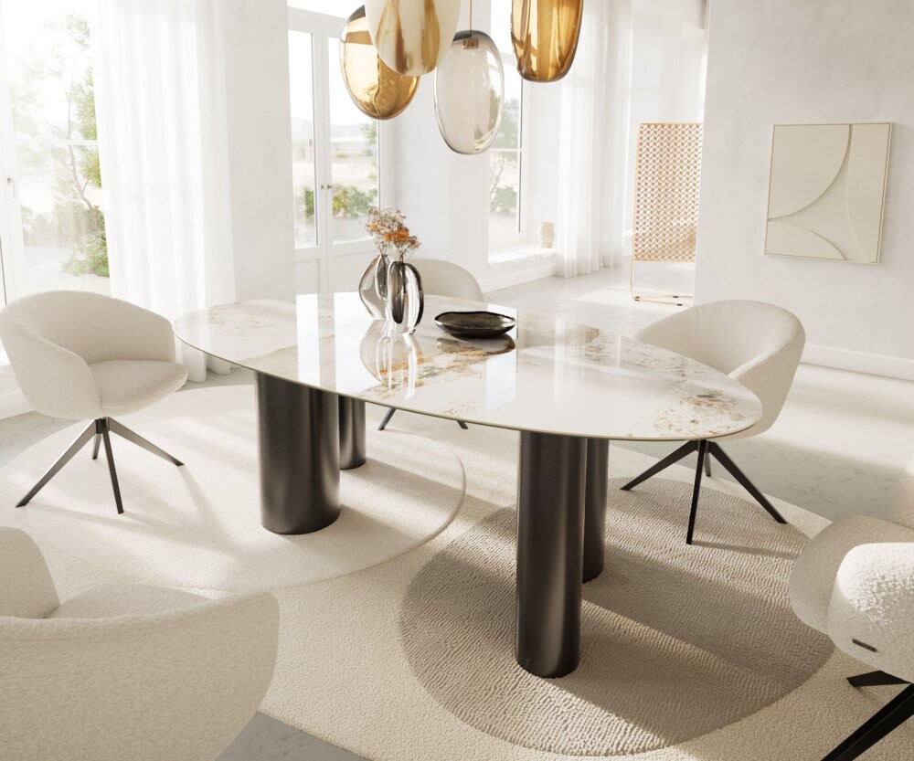 Jídelní stůl Edge Oval 220x120 keramický Minas Melange bílo-béžový