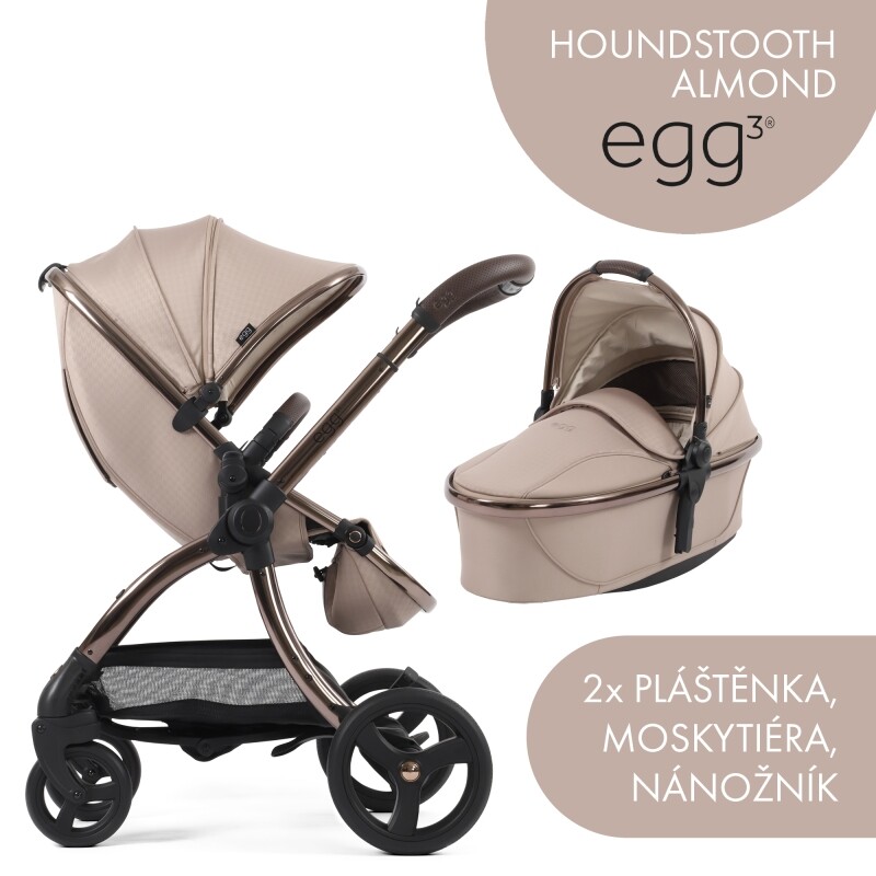 Egg 3 set 2 v 1 - Houndstooth Almond 2025 - Special Edition, kočárek s pláštěnkou, nánožníkem a moskytiérou + korba s pláštěnkou a matrací