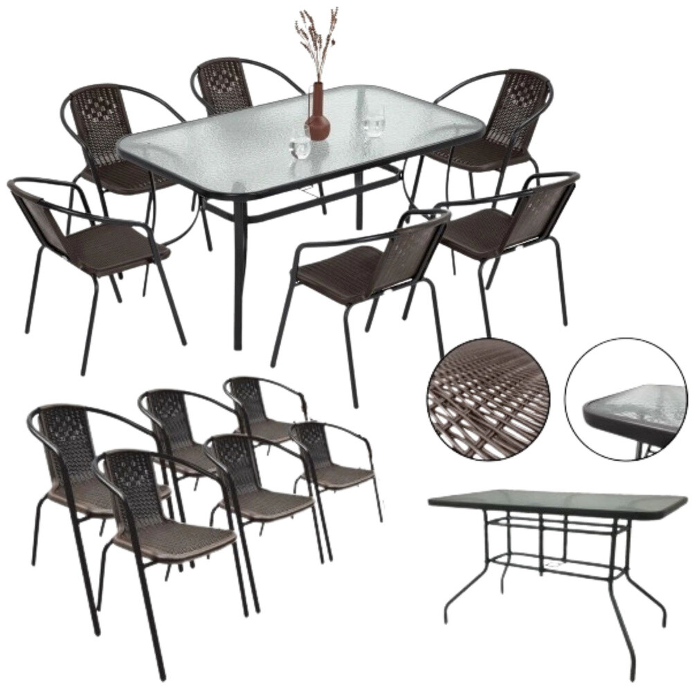 mamido Sada zahradního nábytku Skleněný stůl 150x90 Židle 6ks hnědá