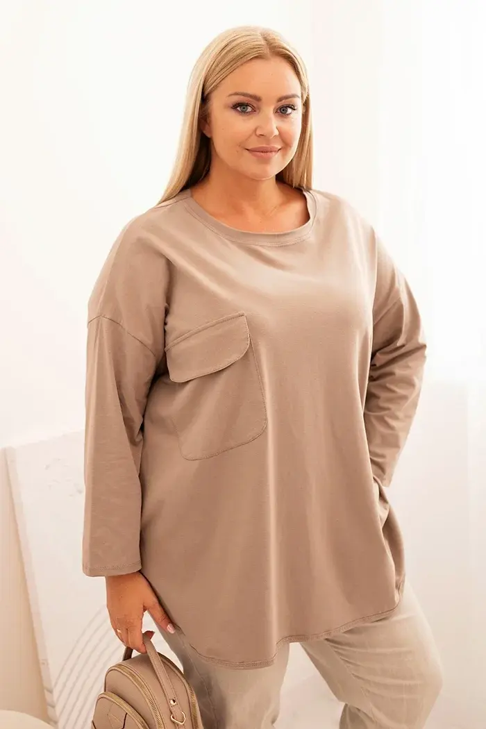 Kesi Włoski Dámská blůza Plus Size s bavlnou, s kapsou a ohrnovacími rukávy fango