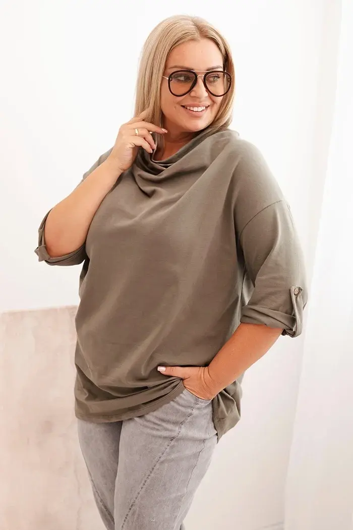 Kesi Włoski Dámská blůza Plus Size s bavlnou volného střihu s vodním výstřihem khaki