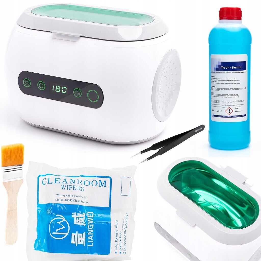 Set Ultrazvuková Myčka Vana Koncentrát Tekutina 1L Utěrky Příslušenství