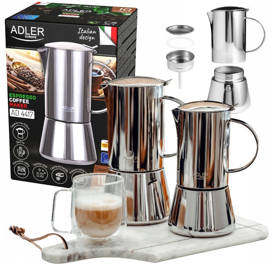 Kávovar Adler Ad 4417 620 ml Ocelová indukce Espresso Zaparovač Termoizola