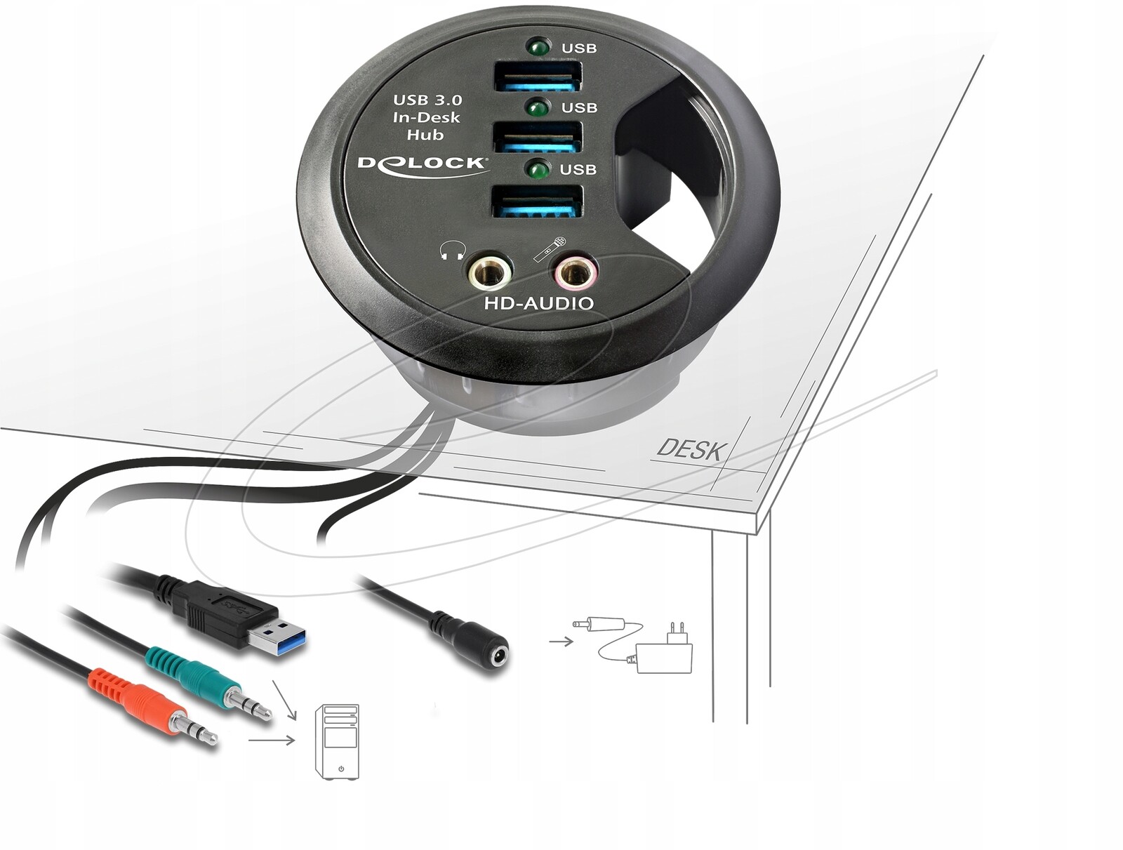 Usb 3.0 Hub S Audio Výstupy Namontovaný Na Desku Stolu Delock 61990