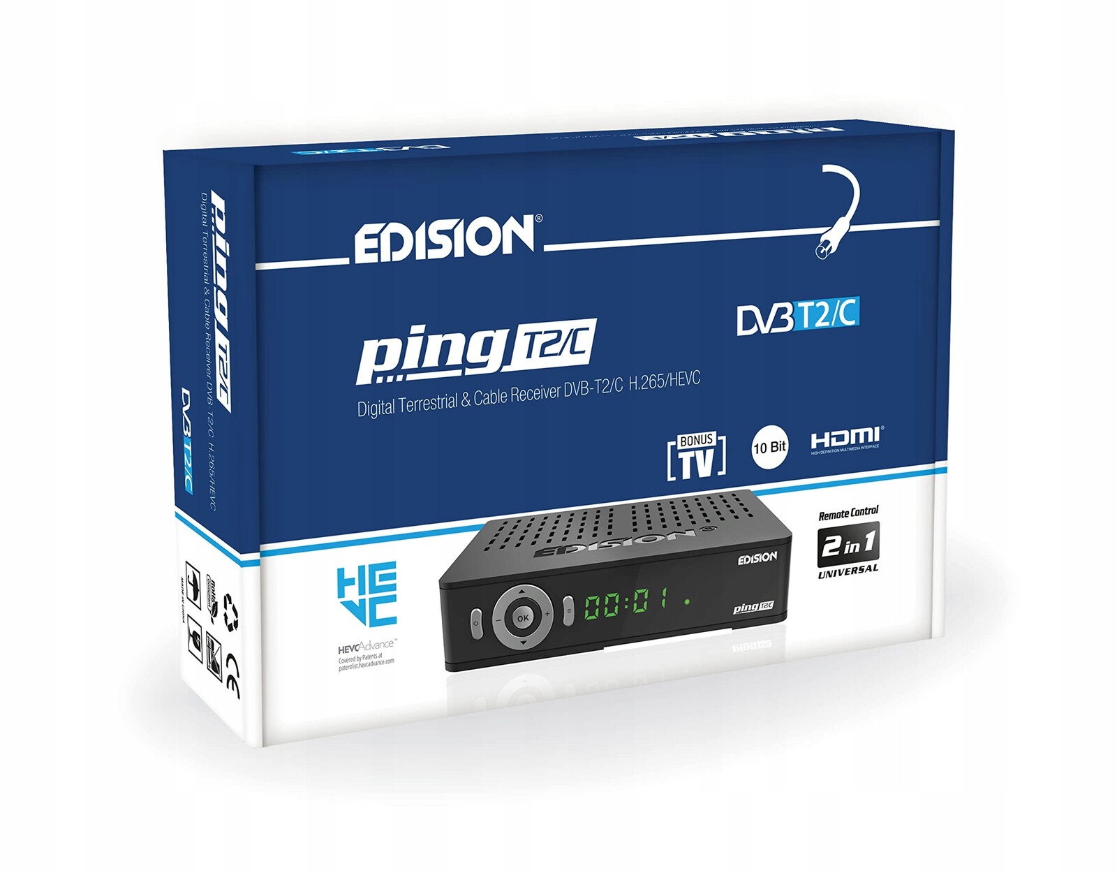 Edision Ping T2 C Pozemní A Kabelový Přijímač DVB-T2 H.265 Hevc