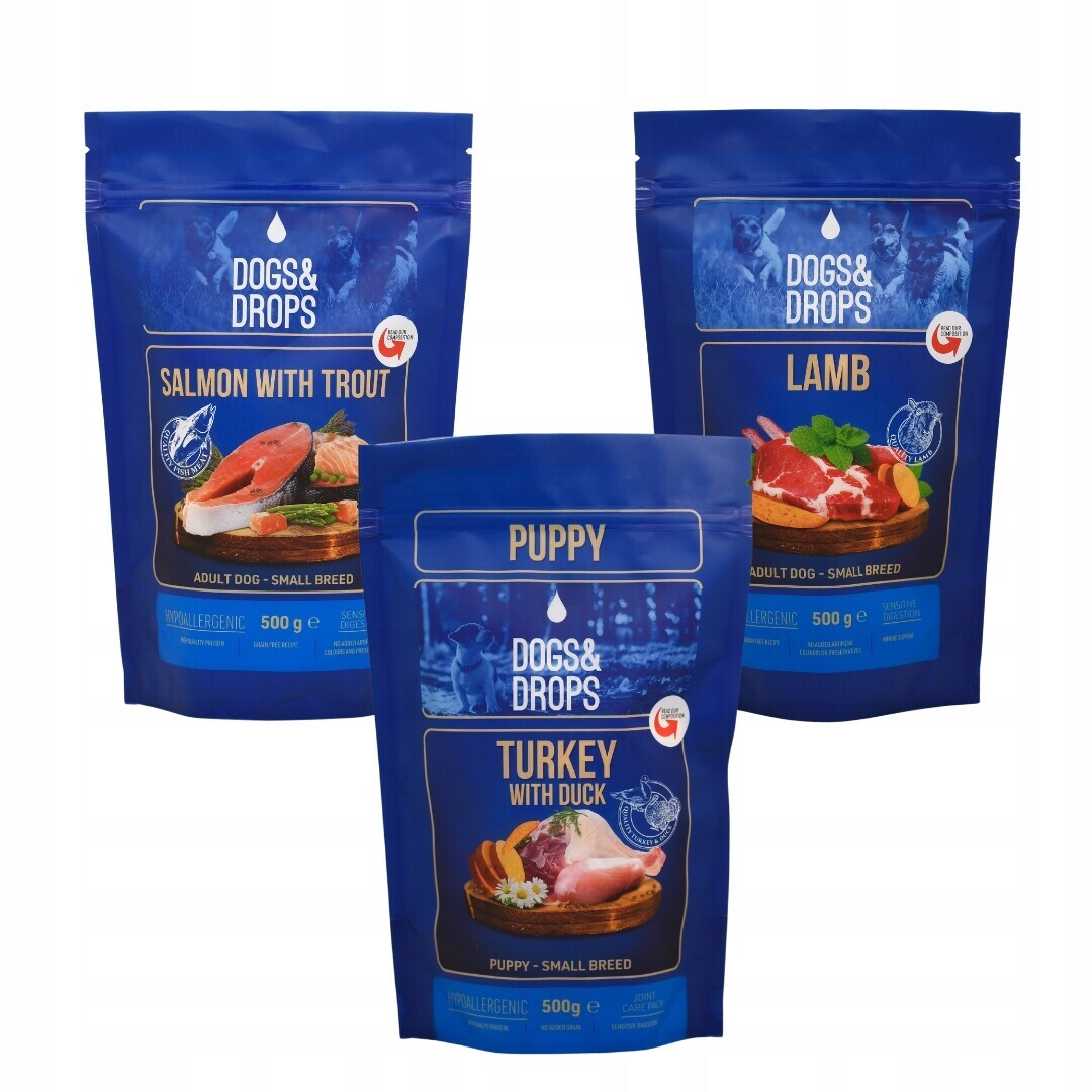 Testovací sada suchého krmiva pro psy (jehněčí, losos, krůta) 3x500 g