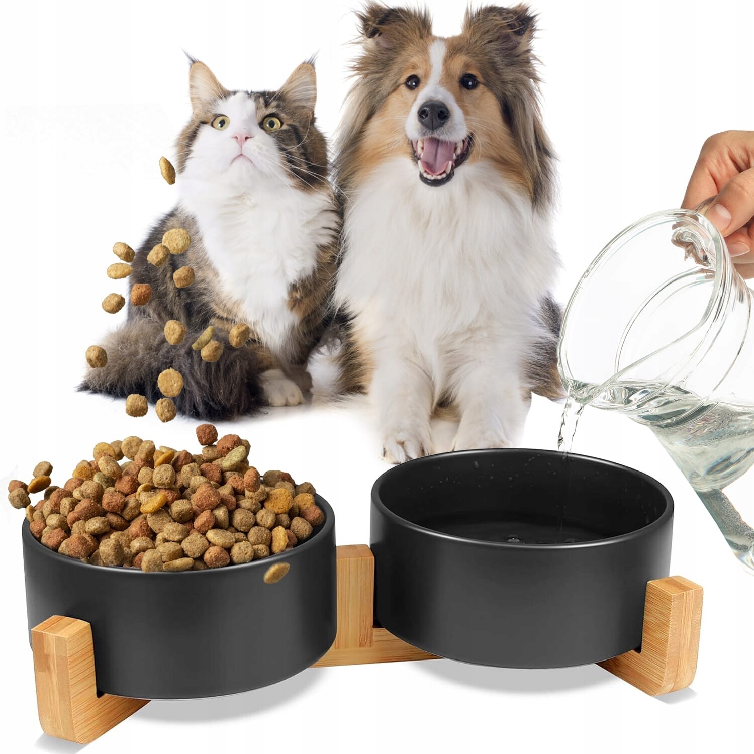 Keramická Miska Dvojitá Pro Psa A Kočku 2 Misky Dřevěná Základna 2x400 ml