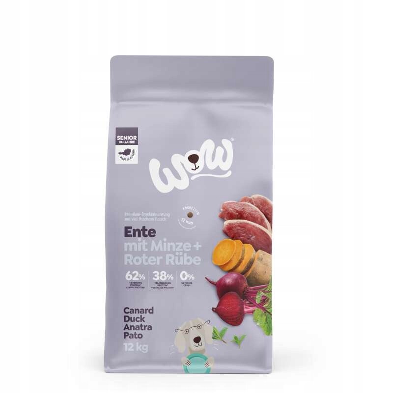Krmivo suché Wow Senior kachna máta řepa pro starší psy 12 kg