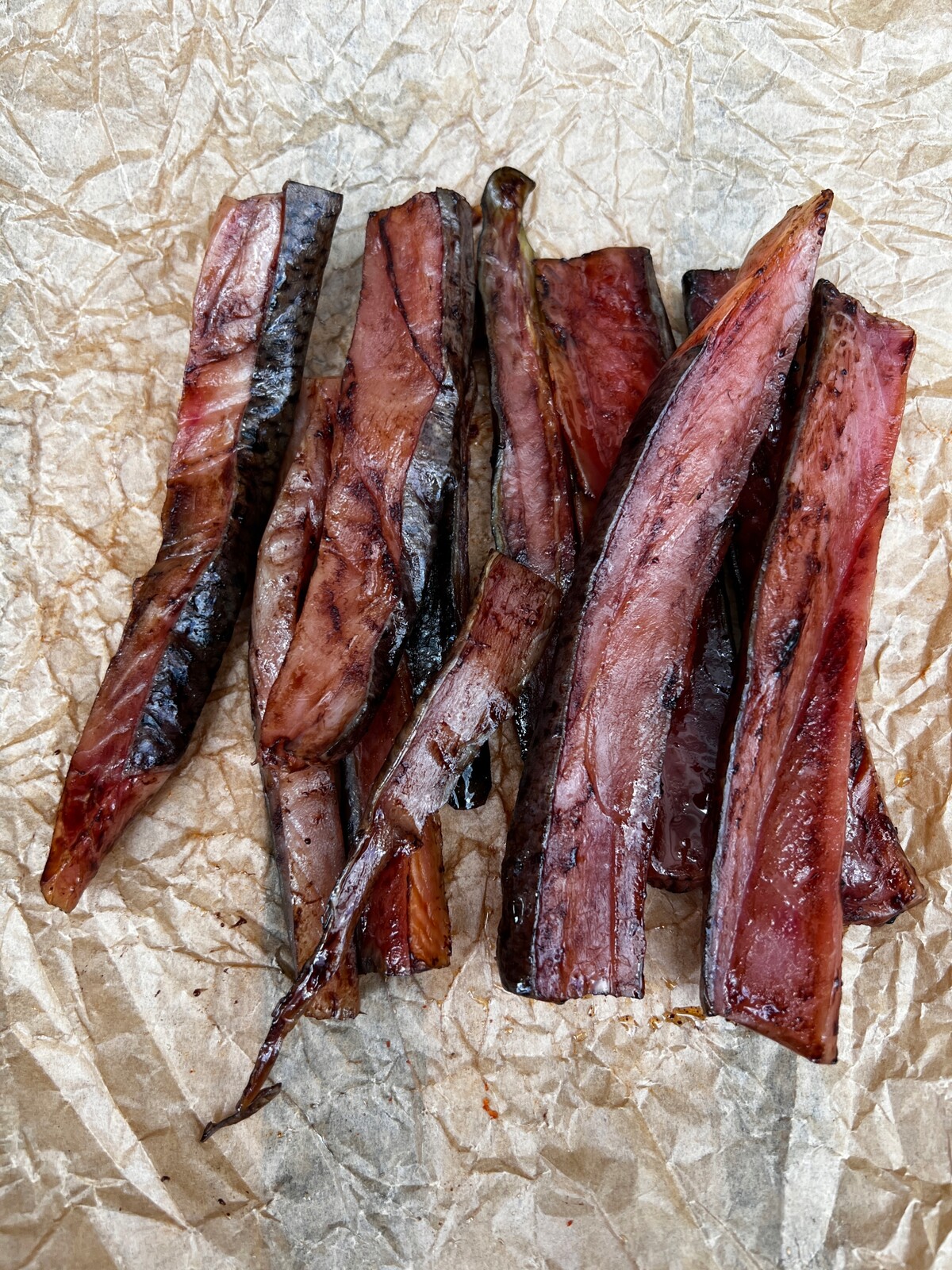 Sušené proužky z Fileta lososa Keta z Teriyaki 1 kg svačinka k pivu