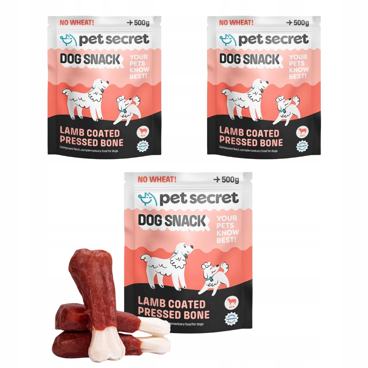 2+1 Lisovaná kost bílá s jehněčím masem 500 g, psí pamlsek Pet Secret