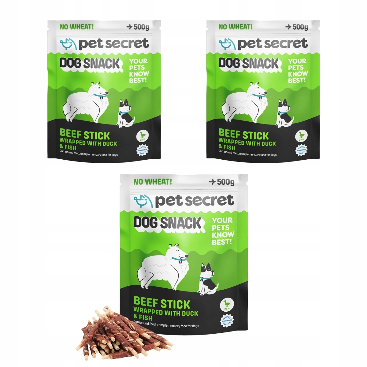 2+1 Hovězí tyčinky s kachnou a rybou 500 g, psí pamlsek Pet Secret