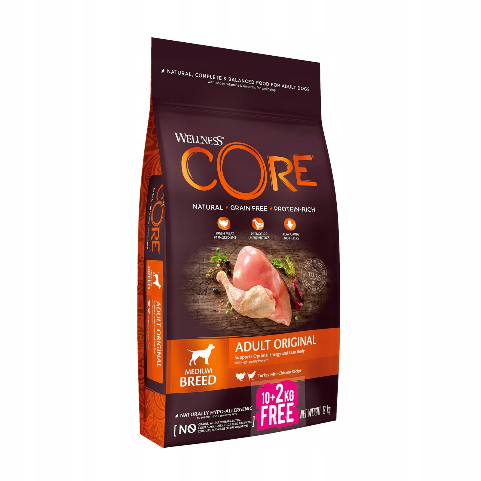 Krmivo suché Wellness Core Adult krůta kuře bez obilovin 10+2 kg