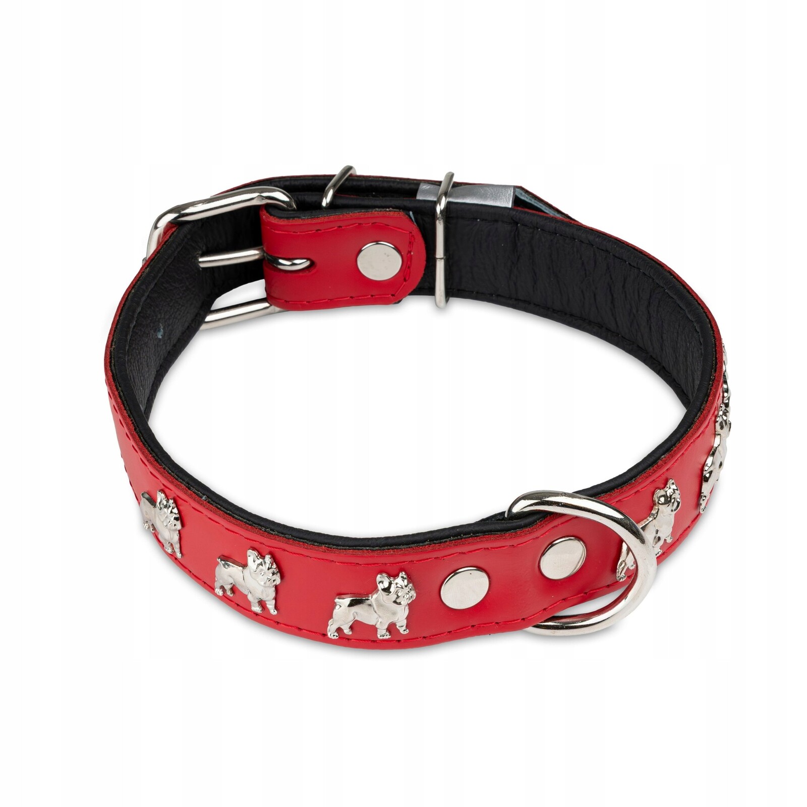 Obojek pro psa z přírodní kůže, vzor francouzský buldoček, 30 mm/45 cm