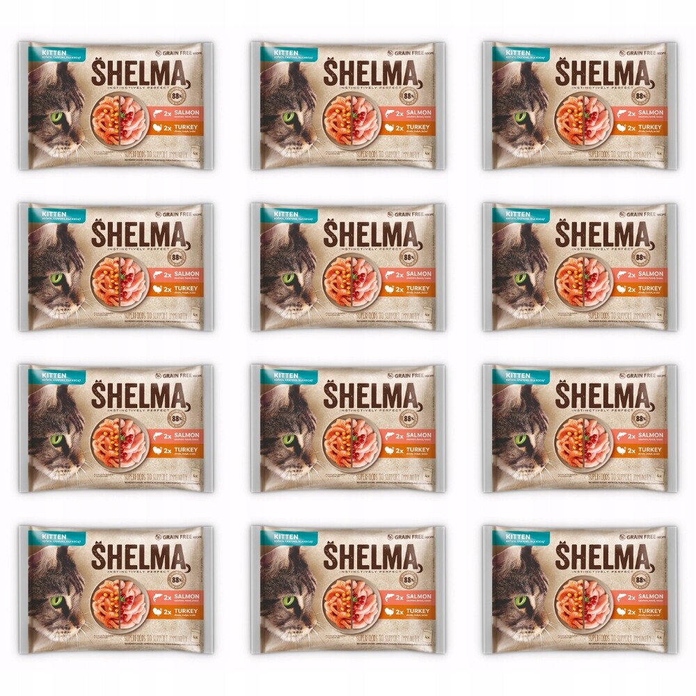 Mokré krmivo pro kočky Shelma krůta s lososem kapsička 48 x 85 g