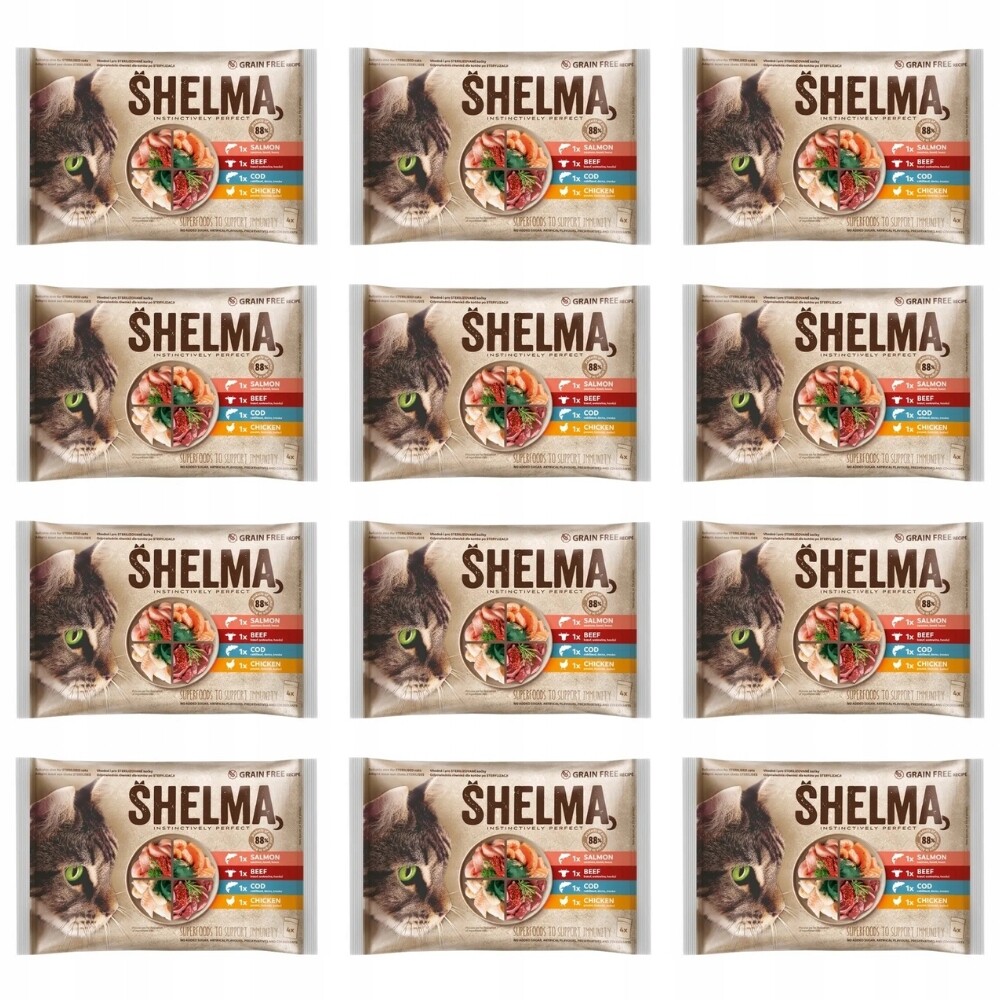 Mokré krmivo pro kočky Shelma losos, příčesek, hovězí maso, kuřecí maso, kapsička 48x85 g
