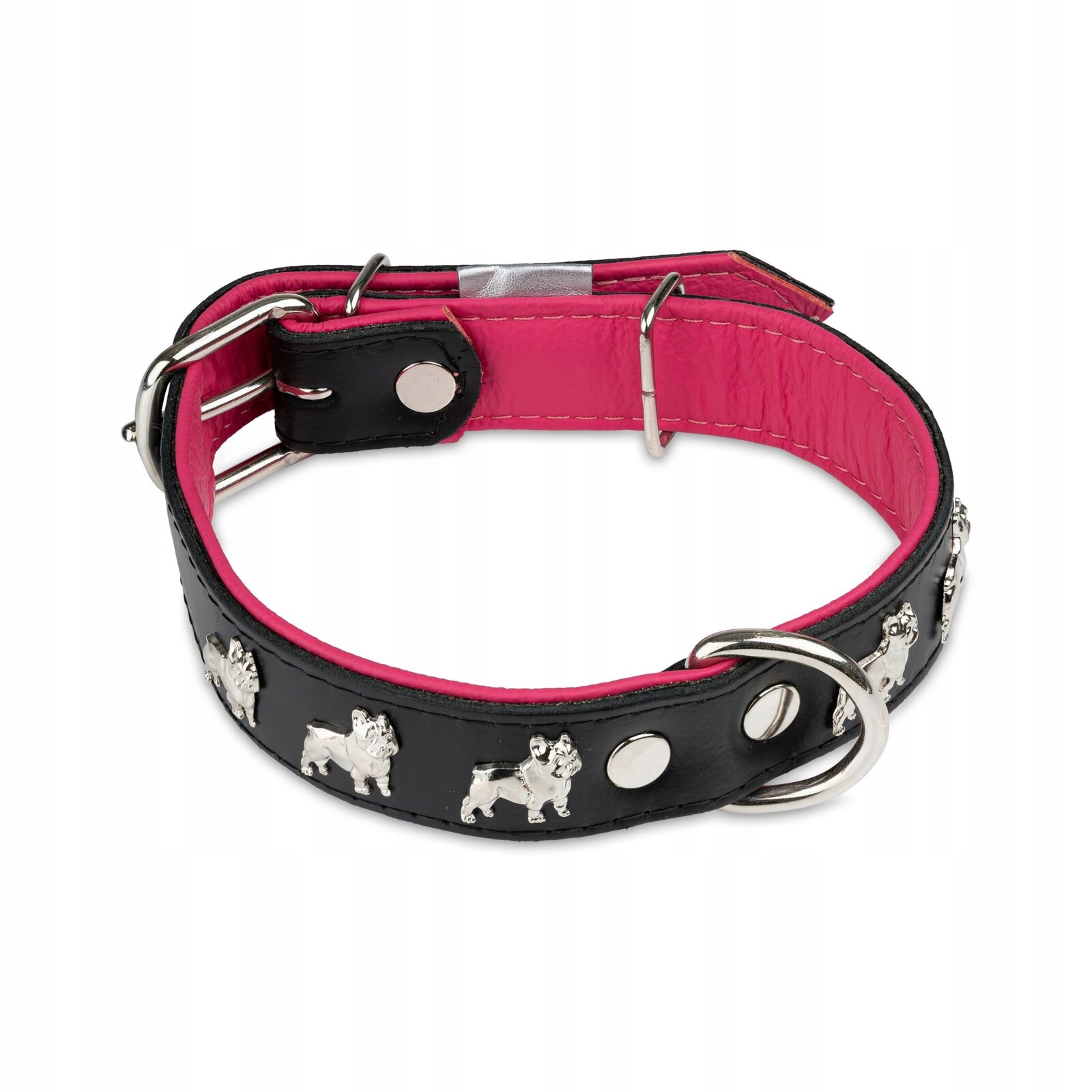 Obojek pro psa z přírodní kůže, vzor francouzský buldoček, 30 mm/55 cm