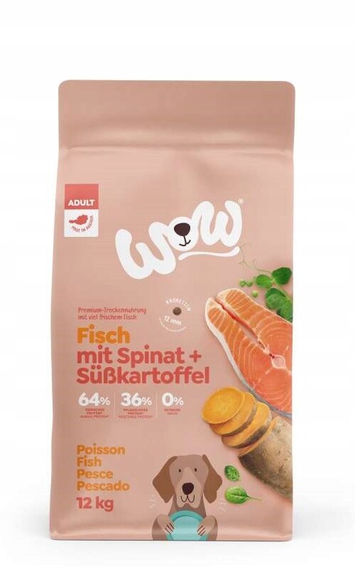 Krmivo suché Wow ryba špenát batáty pro dospělé psy 12 kg