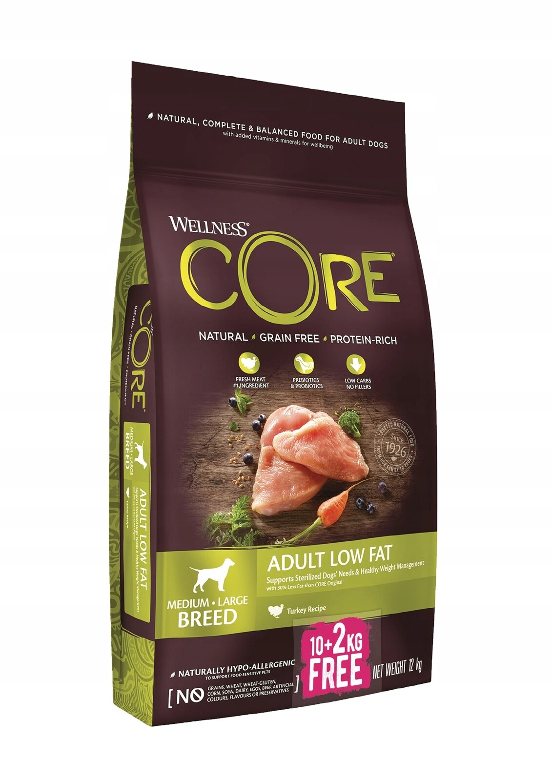 Core Adult Low Fat krůta krmivo krmivo pro střední a velké psy 10+2 kg