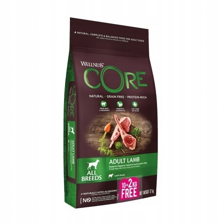 Krmivo suché Wellness Core Adult Lamb jehněčí bez obilovin 10+2 kg