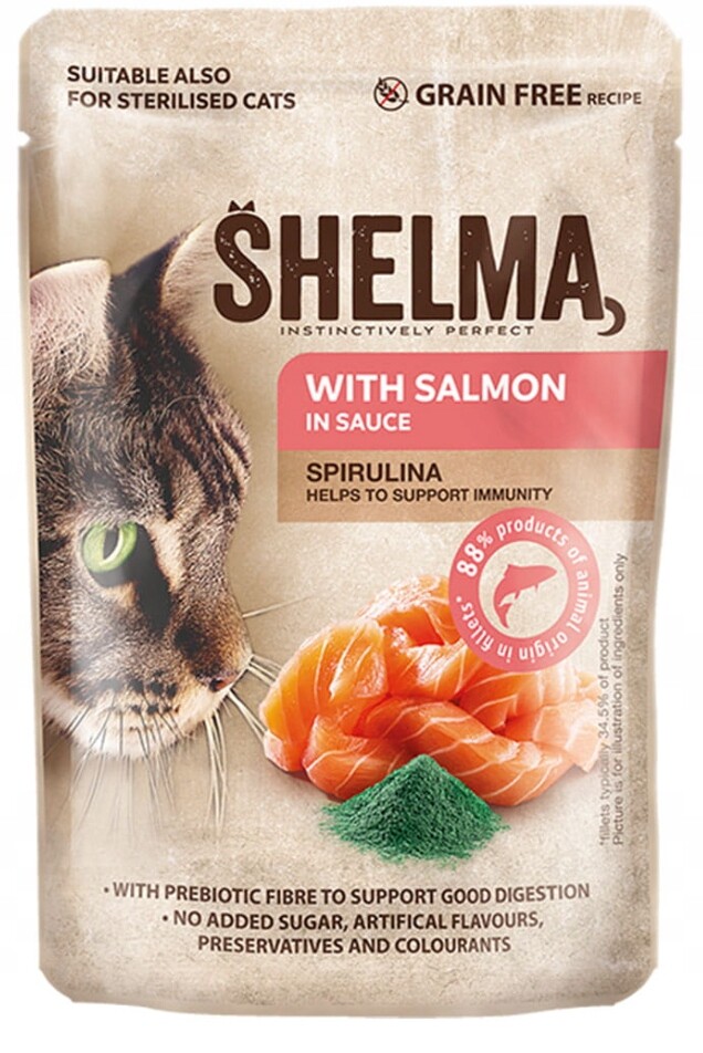 Krmivo Mokré Pro Kočky Bez Obilovin Shelma Kapsička Losos V Omáčce 85 G Spirulina