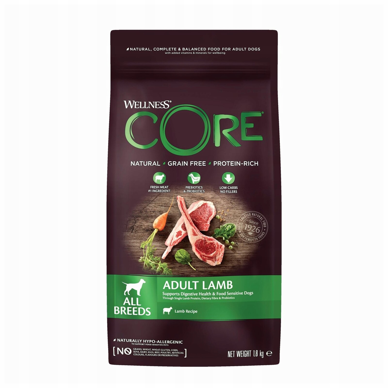 Krmivo suché Wellness Core Adult Lamb jehněčí bez obilovin 1,8 kg