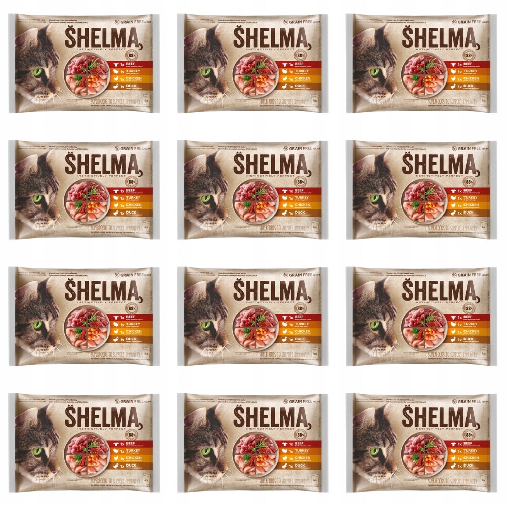 Mokré krmivo pro kočky Shelma kuře, hovězí maso, kachna, krůta, sáček 48x85 g