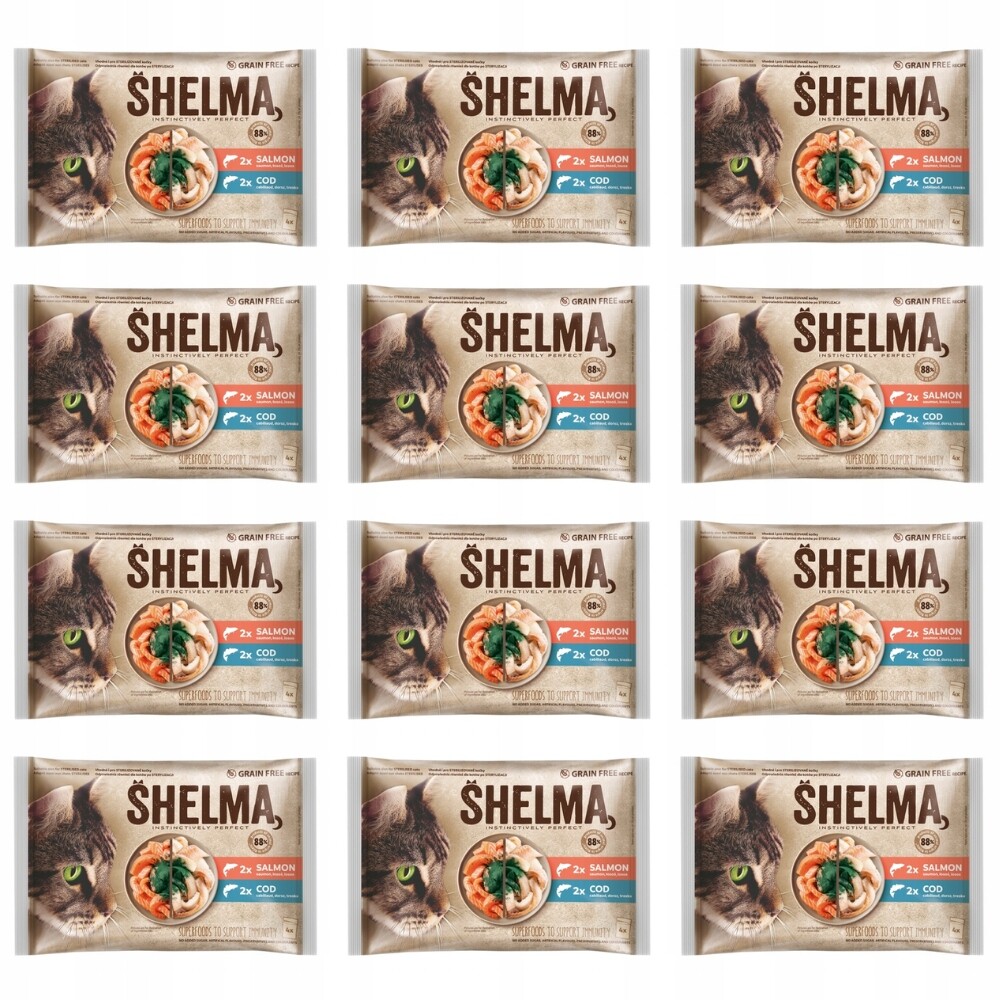 Mokré krmivo pro kočky Shelma s lososem a treskou, kapsička 48 x 85 g