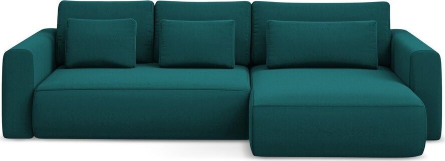 Tyrkysová sametová rozkládací/s úložným prostorem rohová pohovka (pravý roh/s lenoškou) Kapua – Makamii