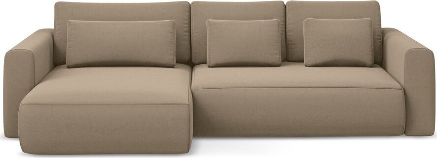 Světle hnědá sametová rozkládací/s úložným prostorem rohová pohovka (levý roh/s lenoškou) Kapua – Makamii