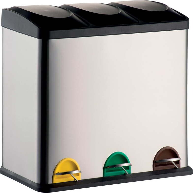 Ocelový odpadkový koš 3x20 l na tříděný odpad/nášlapný v matně stříbrné barvě Tri Selectif – MSV