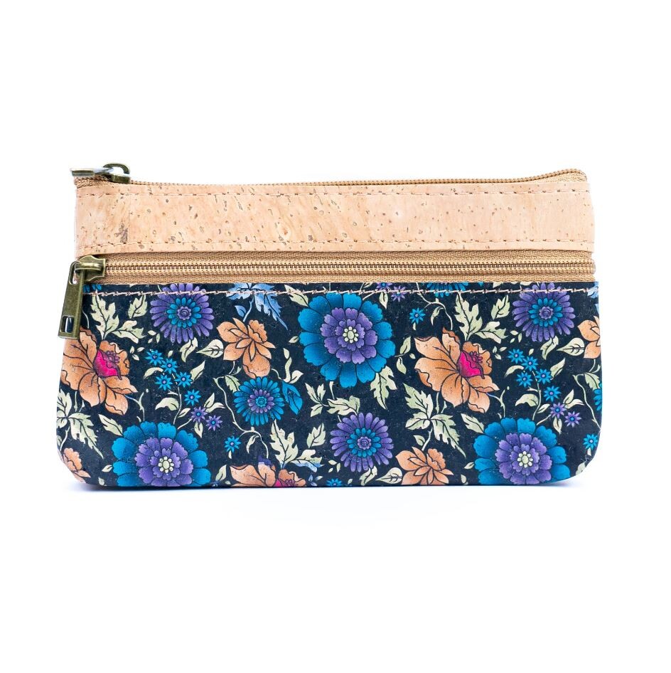 Větší korková kapsička na peníze - Fialovo modré květiny