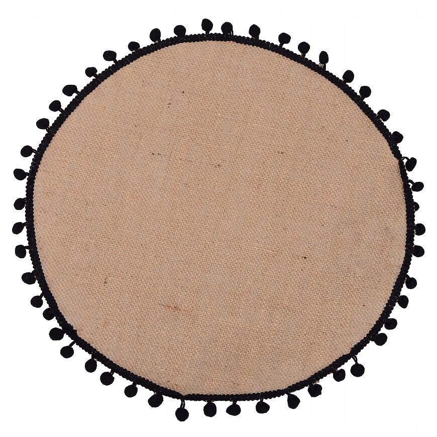 Prostírání kulaté černé. vzorované. s jutou