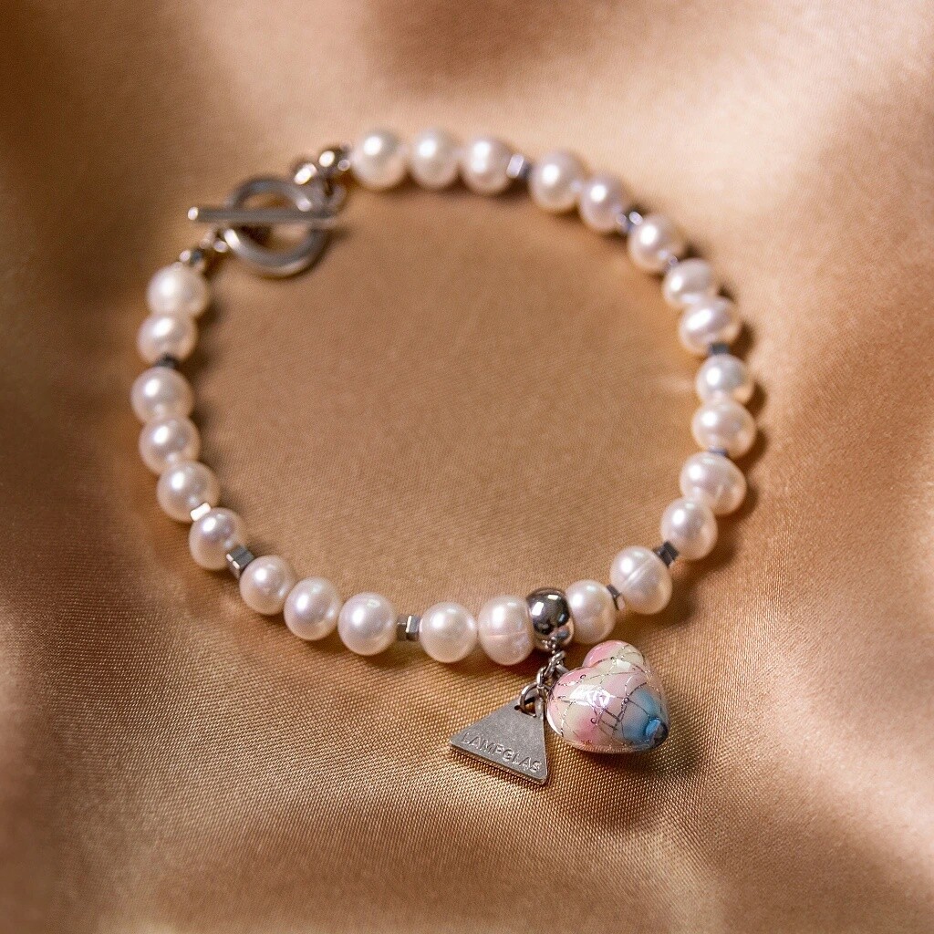 Lampglas Perlový náramek Dreamy Heart s ryzím stříbrem v perle Lampglas BTB4