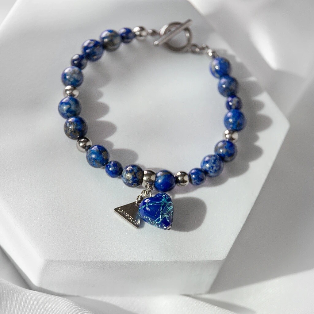 Lampglas Minerální náramek Sapphire Diva s ryzím stříbrem v perle Lampglas a lapis lazuli BTB6