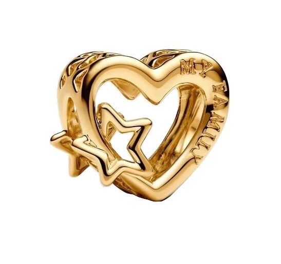 Pandora Pozlacený korálek Děrované rodinné srdce a hvězdy Shine Moments 762829C00