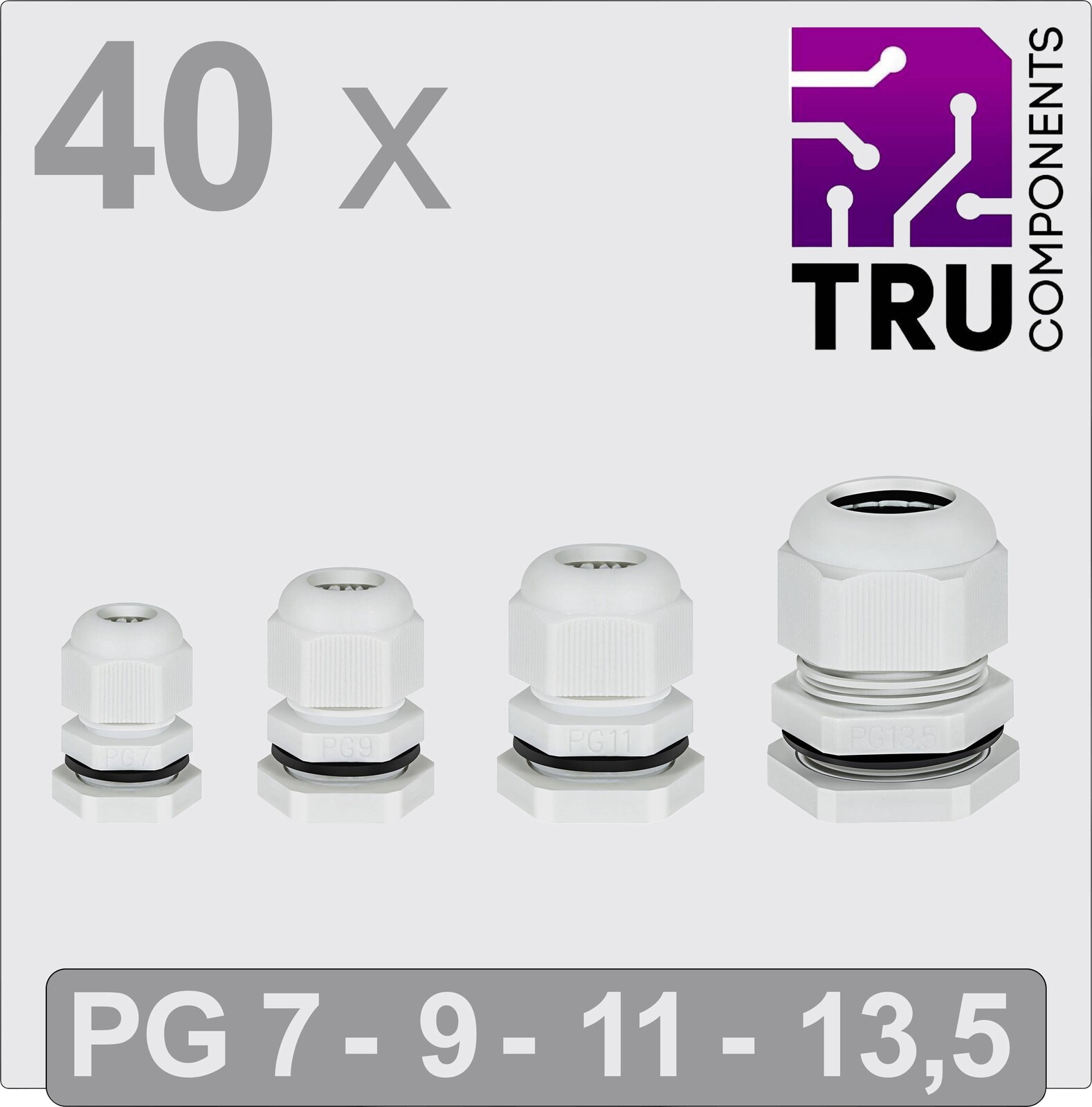 TRU COMPONENTS T24CA121 kabelová průchodka, TC-13448360, od 3.5 mm, do 12 mm, PG7, PG9, PG11, PG13.5, 40 ks