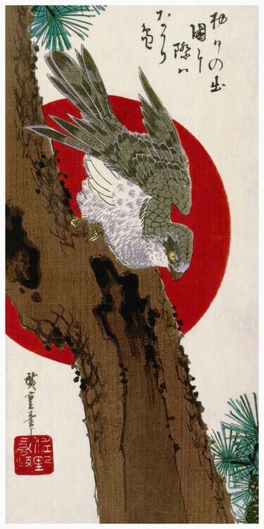 Utagawa Hiroshige Plakát, Obraz - The Hawk & The Red Sun, Utagawa Hiroshige, 20 × 40 cm