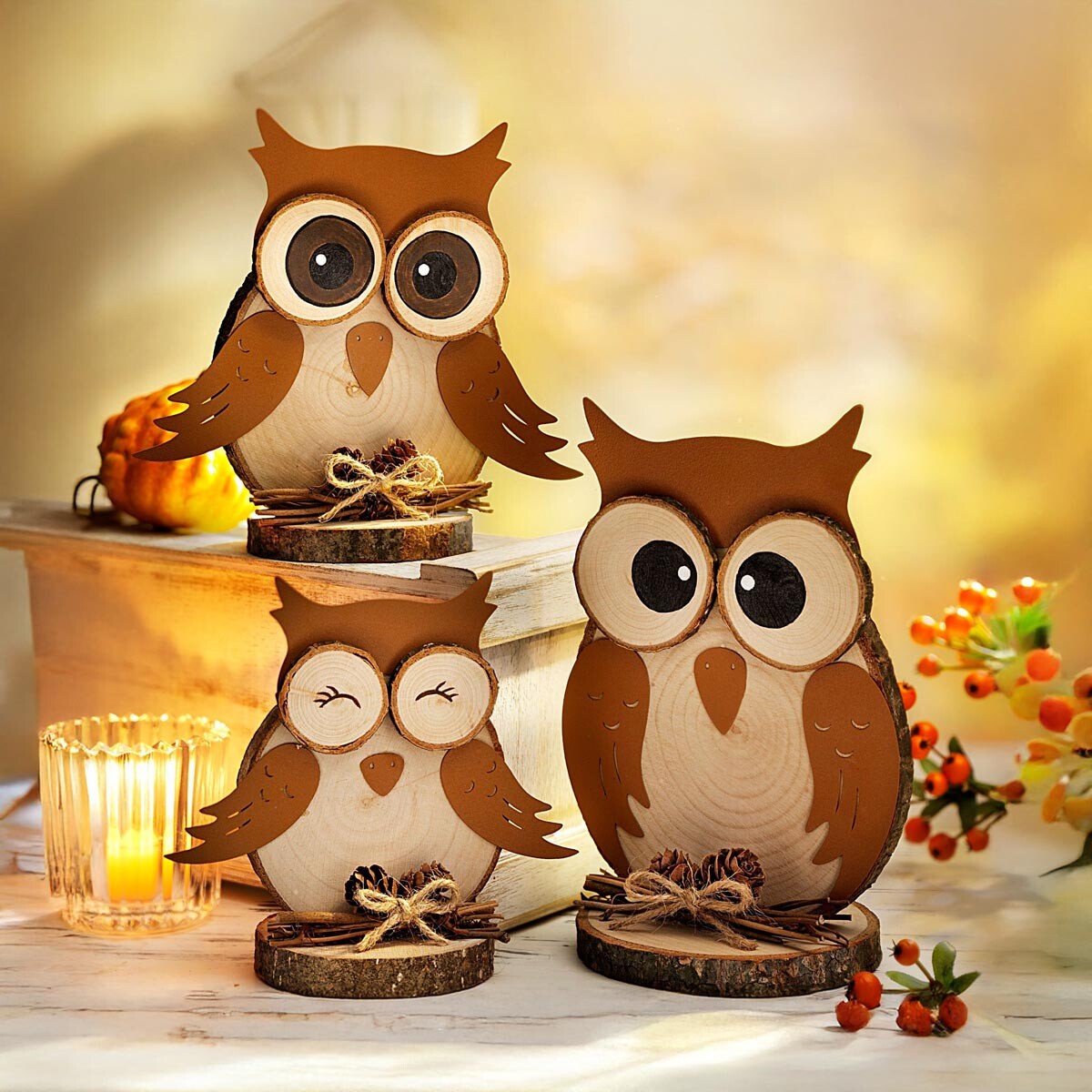 Weltbild Dřevěná dekorace Sova, sada 3 ks