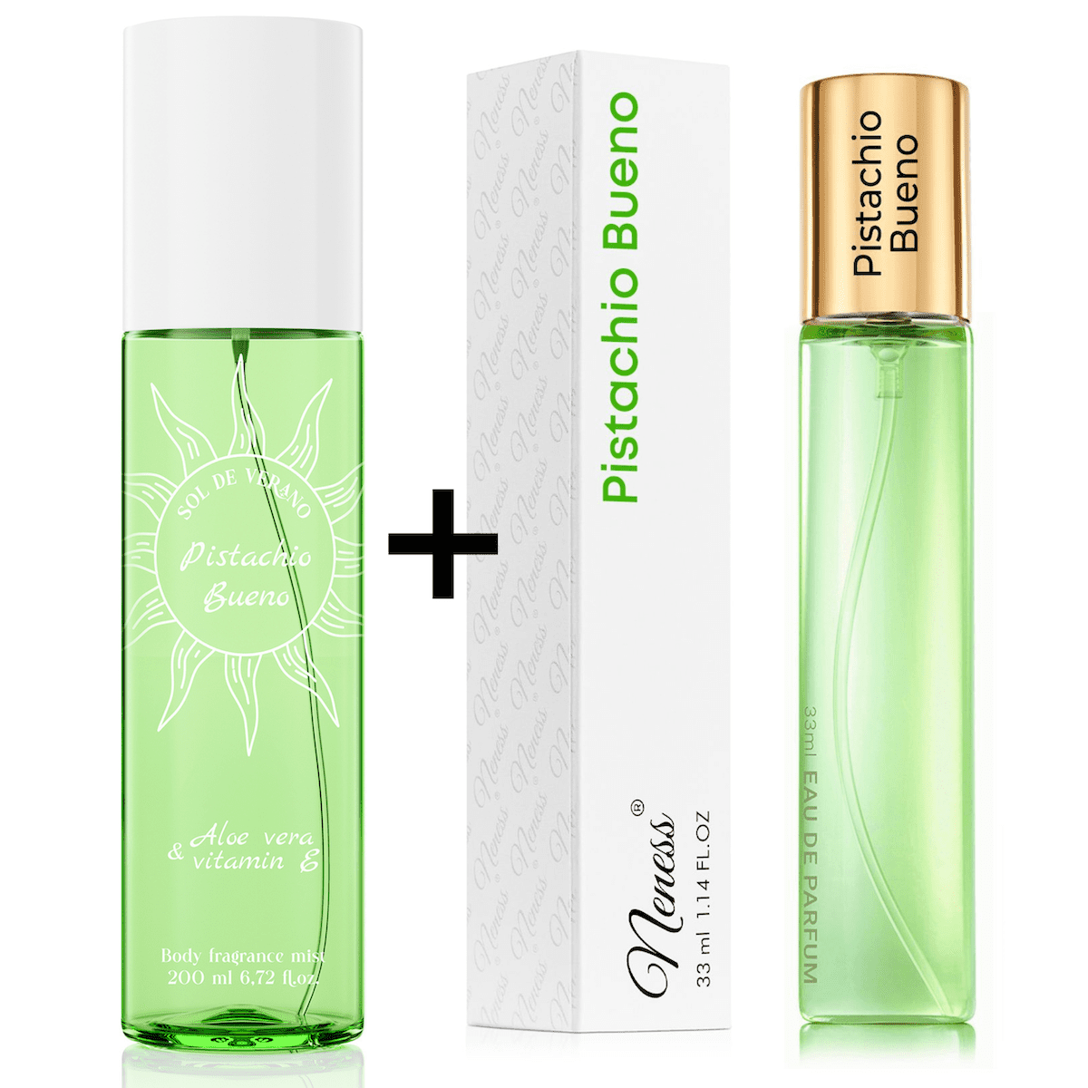 Neness Pistachio Bueno výhodná sada tělový sprej + parfémovaná voda pro ženy 200ml + 33ml