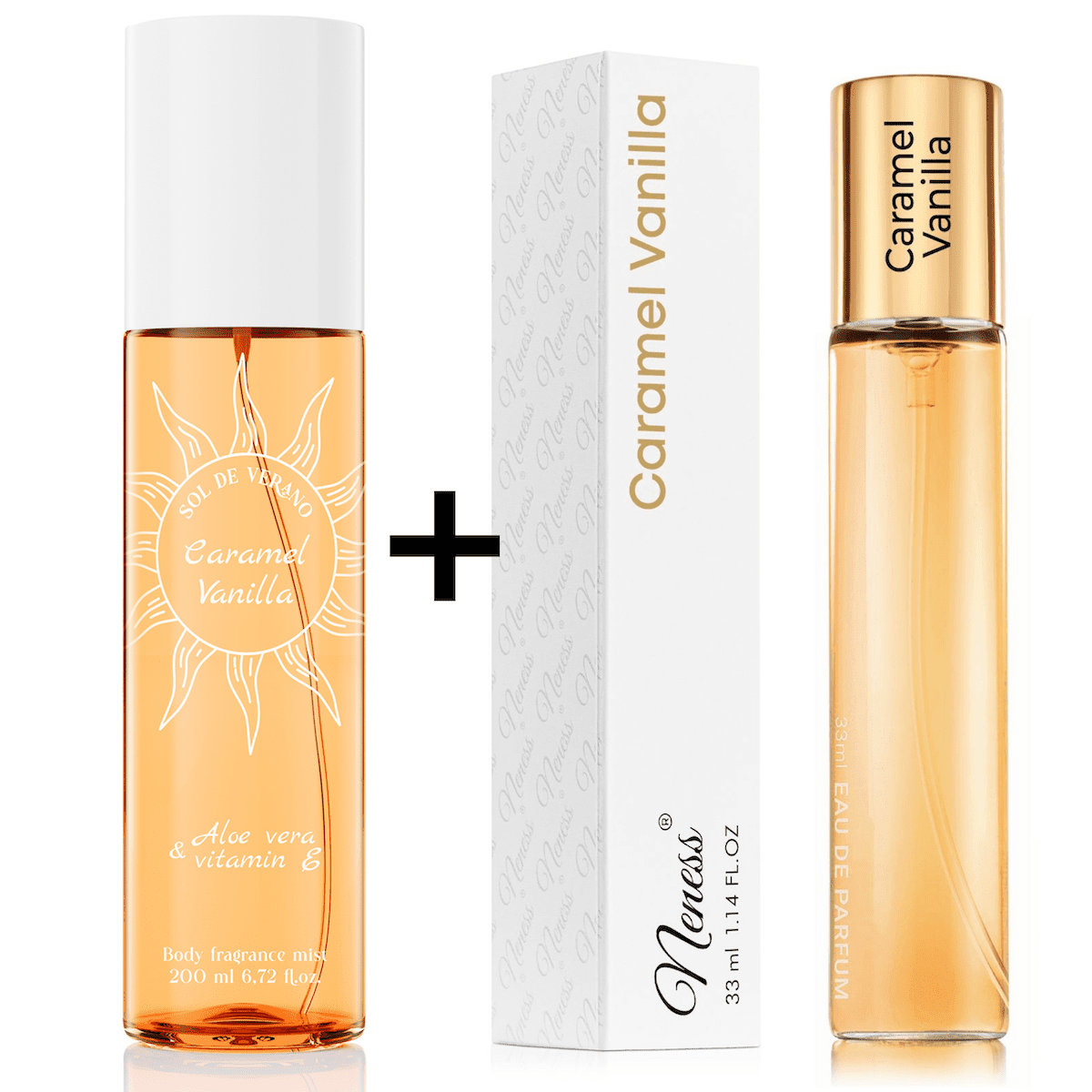 Neness Caramel Vanilla výhodná sada tělový sprej + parfémovaná voda pro ženy 200ml + 33ml
