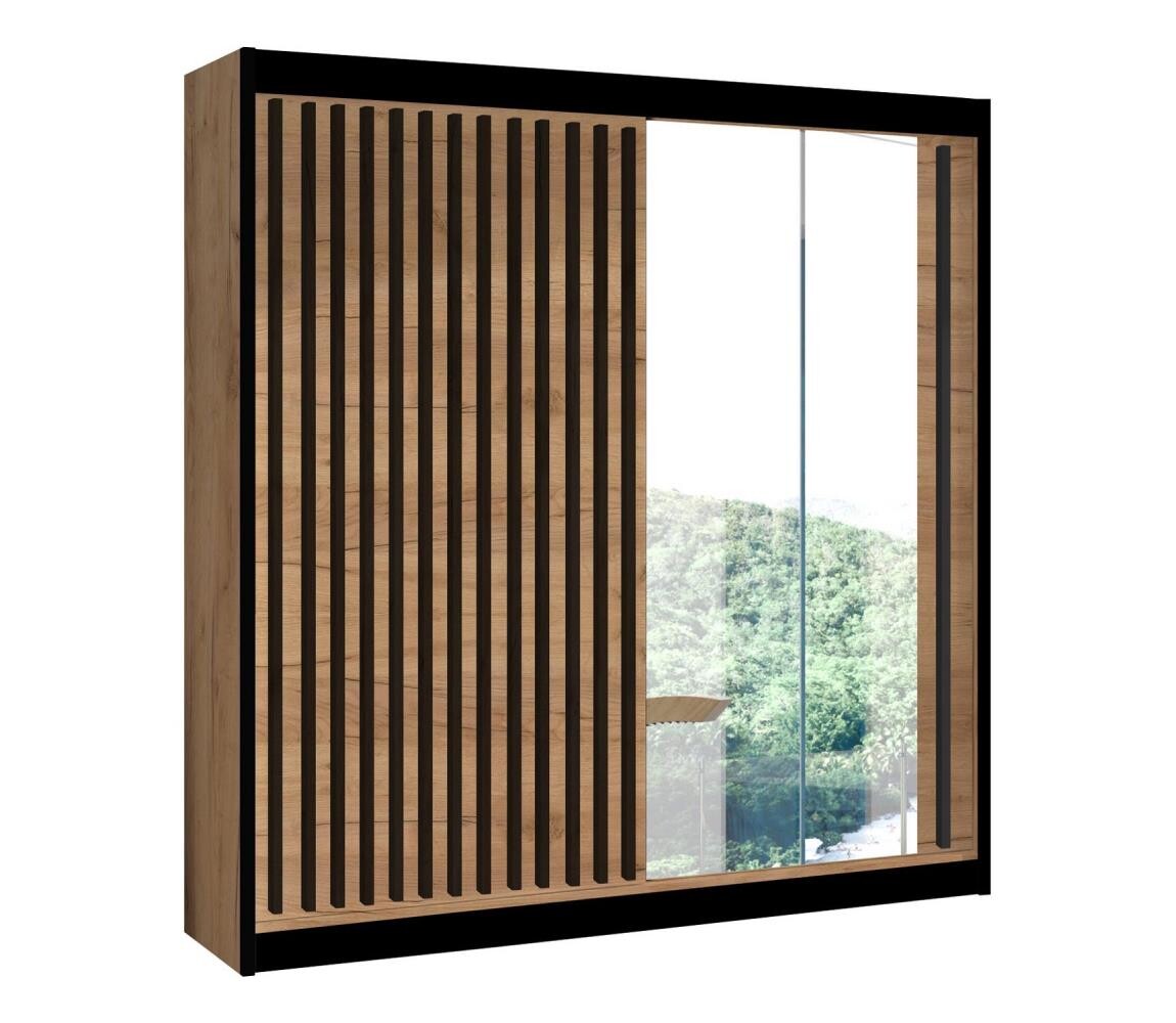 Šatní skříň se zrcadlem SANTINO 203x215 cm dub craft/černá