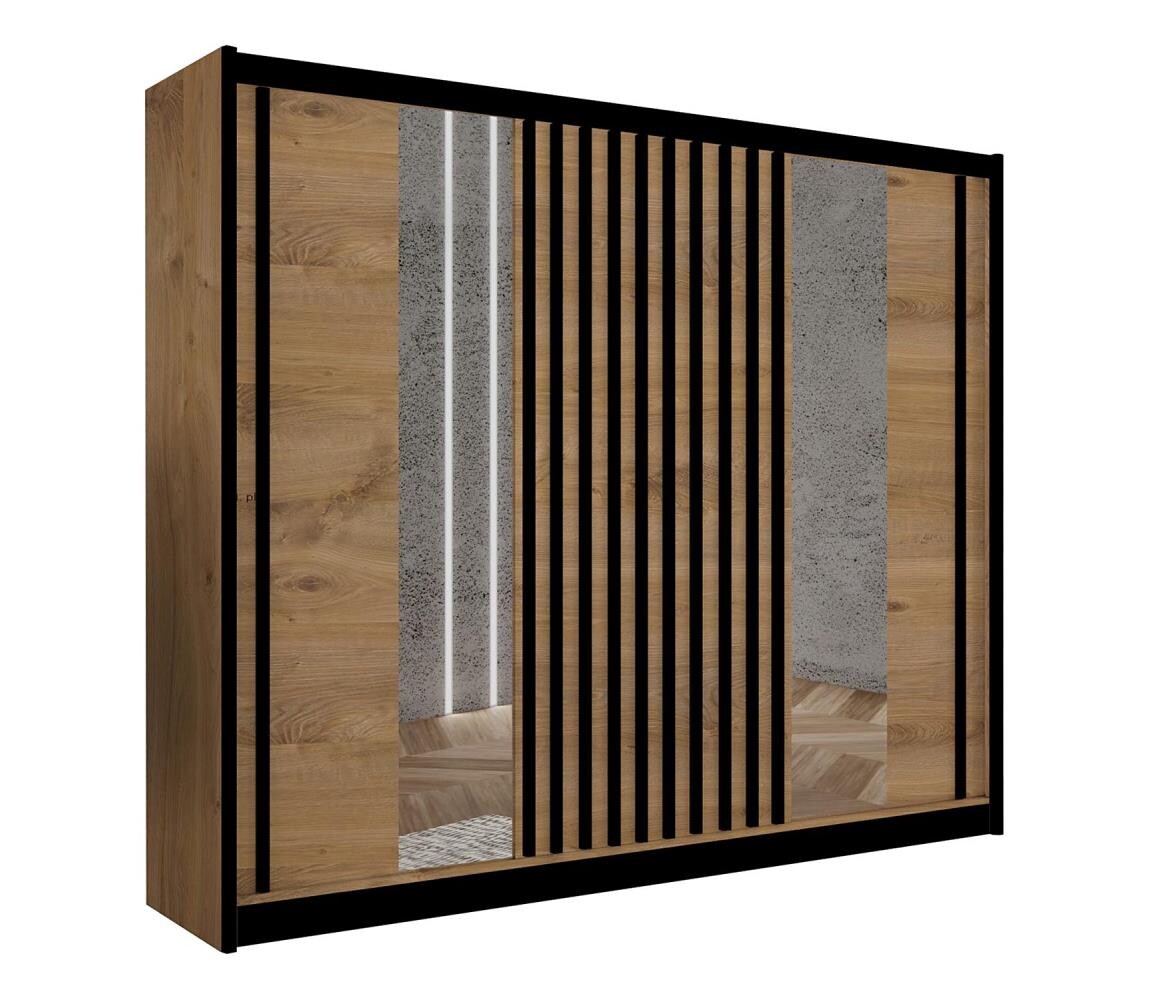 Šatní skříň se zrcadlem SANTINO 250x215 cm dub craft/černá