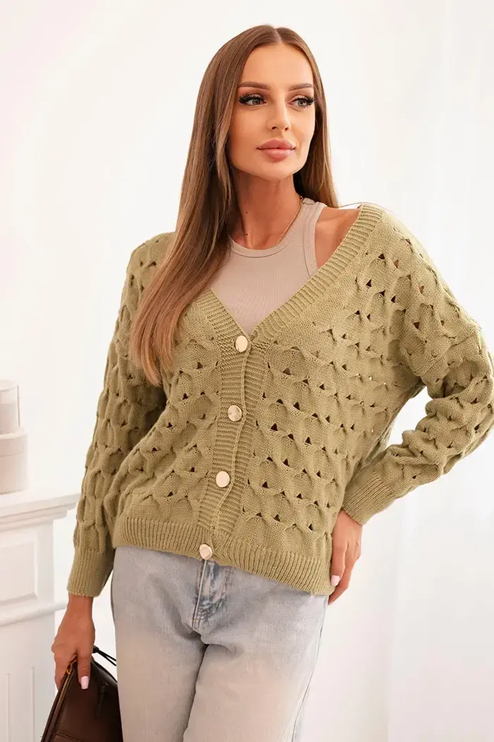 Kesi Włoski Svetr dámský ačkový s výstřihem do V a zlatými knoflíky olivový