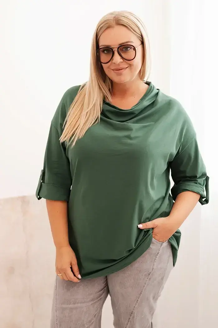 Kesi Włoski Dámská blůza Plus Size s bavlnou volného střihu s vodním výstřihem tmavě zelená
