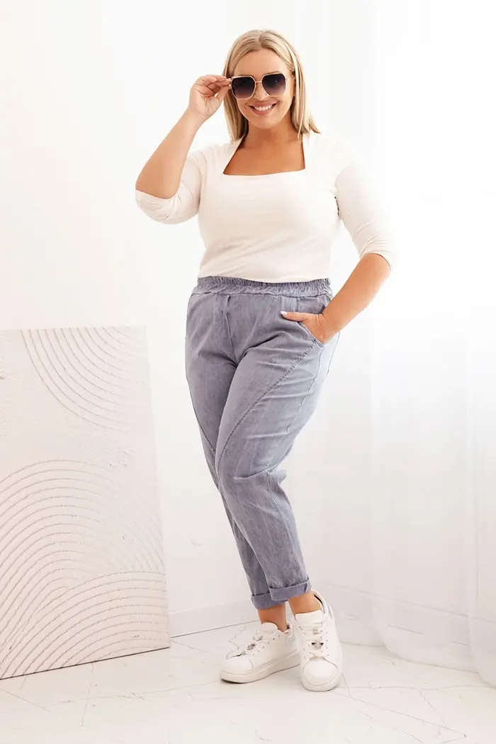 Kesi Włoski Dámské kalhoty Plus Size dekonturované s viskózou a širokou gumou jeansové modré