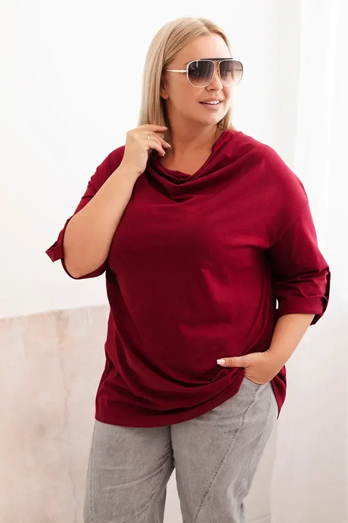 Kesi Włoski Dámská blůza Plus Size s bavlnou volného střihu s vodním výstřihem bordová