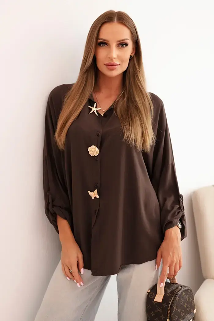 Kesi Włoski Dámské tričko s viskózou, ozdobnými knoflíky a límečkem hnědé